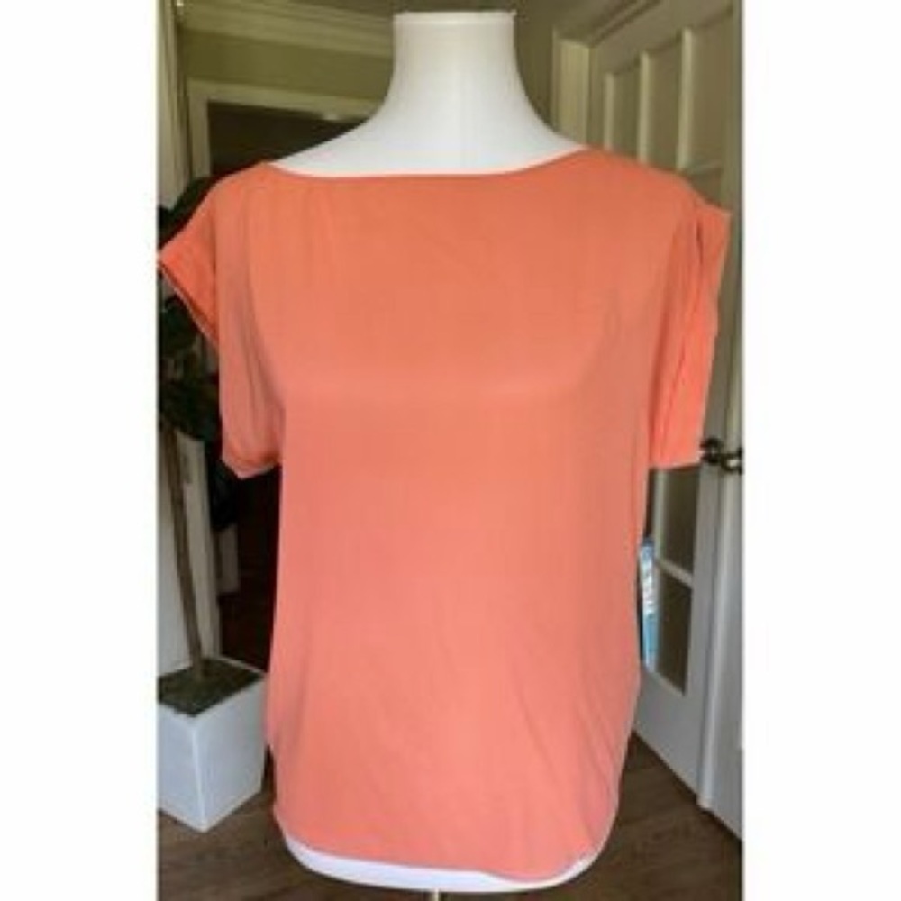 Alice + Olivia Chiffon Orange Bateau Neck Cap Sleeve Top – Large